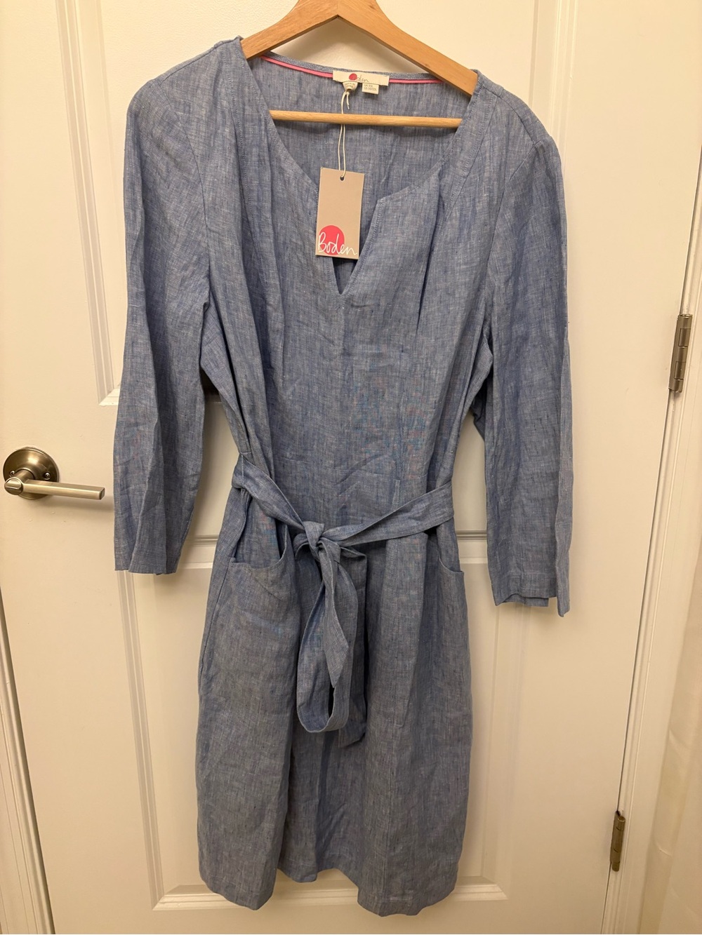 NWT Boden Kelsey Linen Dress Plus Tall 20/22 Blue Belted 3/4 Sleeve